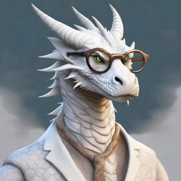 A large, old white dragon with ancient, weathered scales, wearing a pair of spectacles that are precariously balancing on his nose