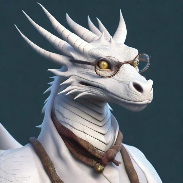 A large, old white dragon with ancient, weathered scales, wearing a pair of spectacles that are precariously balancing on his nose