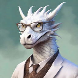 A large, old white dragon with ancient, weathered scales, wearing a pair of spectacles that are precariously balancing on his nose