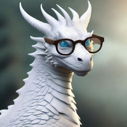 A large, old white dragon with ancient, weathered scales, wearing a pair of spectacles that are precariously balancing on his nose