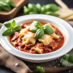 A hearty bowl of ravioli, filled with rich and savory meat sauce, garnished with fresh basil and grated Parmesan cheese