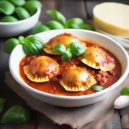 A hearty bowl of ravioli, filled with rich and savory meat sauce, garnished with fresh basil and grated Parmesan cheese