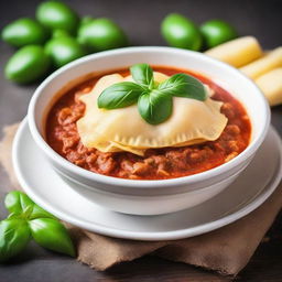 A hearty bowl of ravioli, filled with rich and savory meat sauce, garnished with fresh basil and grated Parmesan cheese