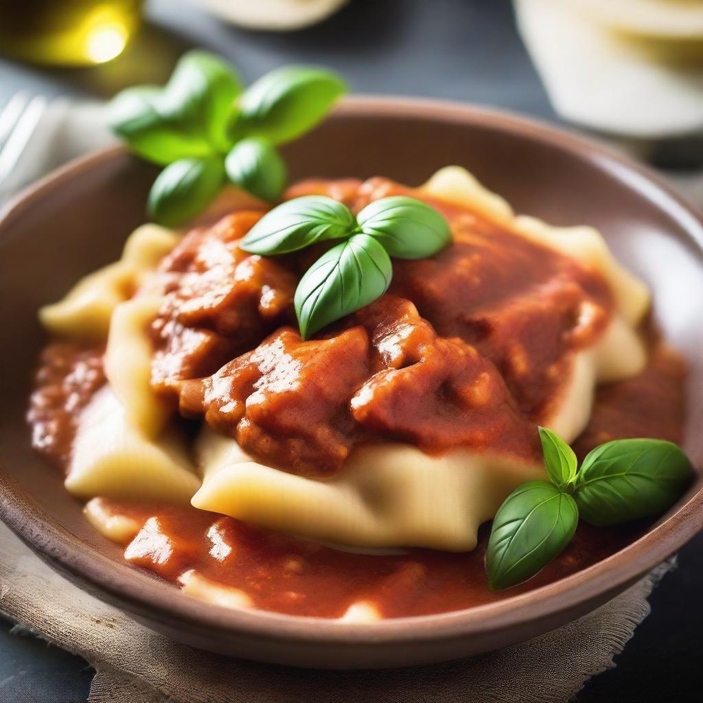 A hearty bowl of ravioli, filled with rich and savory meat sauce, garnished with fresh basil and grated Parmesan cheese