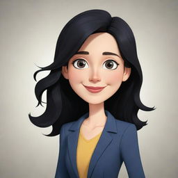 A high-definition cartoon image of a cute, short, female teacher with wavy, long black hair