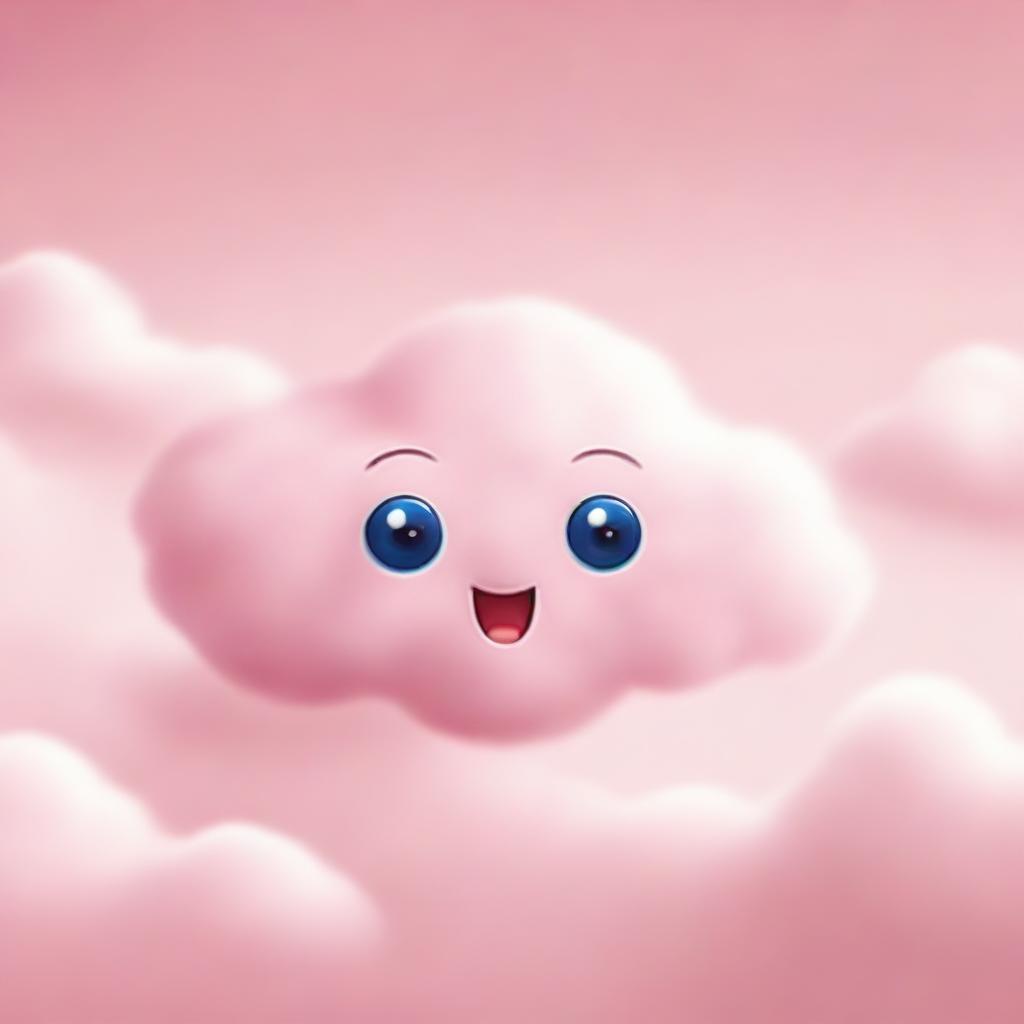 A cute, tiny pink fluffy cloud with big, expressive eyes and a cheerful mouth, smiling brightly