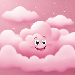 A cute, tiny pink fluffy cloud with big, expressive eyes and a cheerful mouth, smiling brightly