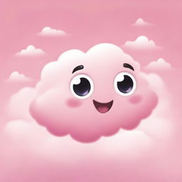 A cute, tiny pink fluffy cloud with big, expressive eyes and a cheerful mouth, smiling brightly