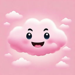 A cute, tiny pink fluffy cloud with big, expressive eyes and a cheerful mouth, smiling brightly