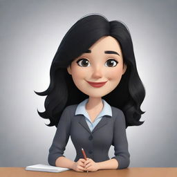 A high-definition cartoon image of a cute, short, female teacher with wavy, long black hair