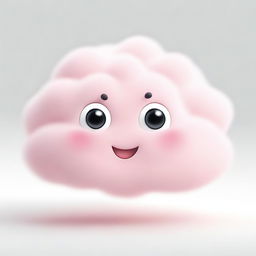 A cute, tiny pink fluffy cloud with big, expressive eyes and a cheerful mouth, smiling brightly on a white background