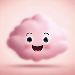 A cute, tiny pink fluffy cloud with big, expressive eyes and a cheerful mouth, smiling brightly on a white background