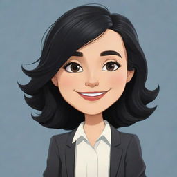 A high-definition cartoon image of a cute, short, female teacher with wavy, long black hair