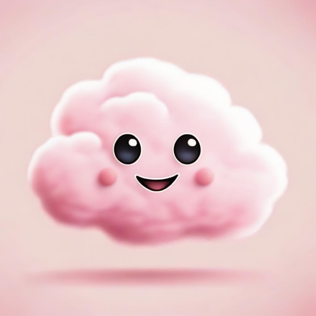 A cute tiny pink fluffy cloud with big, expressive eyes and a smiling mouth floating on a white background