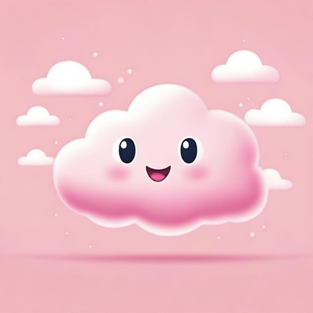 A cute tiny pink fluffy cloud with big, expressive eyes and a smiling mouth floating on a white background