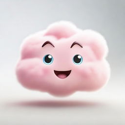 A cute tiny pink fluffy cloud with big, expressive eyes and a smiling mouth floating on a white background