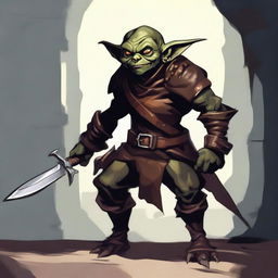 A detailed illustration of a goblin rogue, equipped with dark leather armor, stealthy and nimble, lurking in the shadows of a medieval fantasy setting