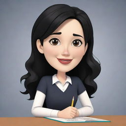 A high-definition cartoon image of a cute, short, female teacher with wavy, long black hair