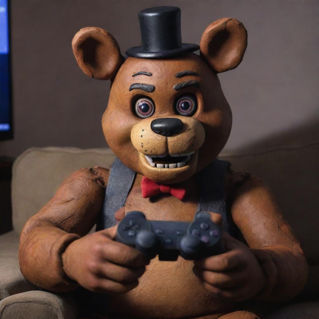 Freddy Fazbear of Five Nights at Freddy's, engrossed in playing Fortnite on a gaming console. He is animatedly holding the controller and reacting to the in-game events.