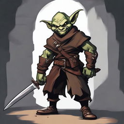 A detailed illustration of a goblin rogue, equipped with dark leather armor, stealthy and nimble, lurking in the shadows of a medieval fantasy setting