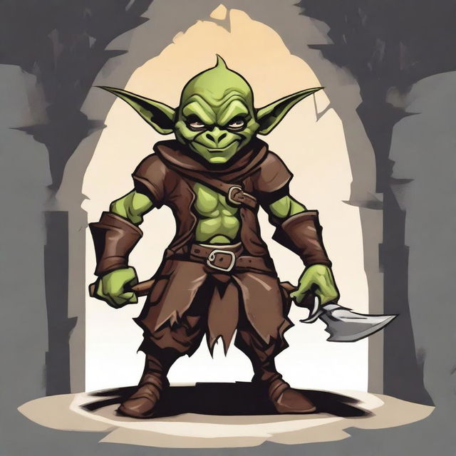 A detailed illustration of a goblin rogue, equipped with dark leather armor, stealthy and nimble, lurking in the shadows of a medieval fantasy setting