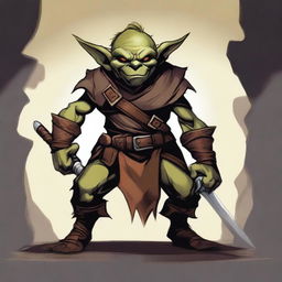 A detailed illustration of a goblin rogue, equipped with dark leather armor, stealthy and nimble, lurking in the shadows of a medieval fantasy setting