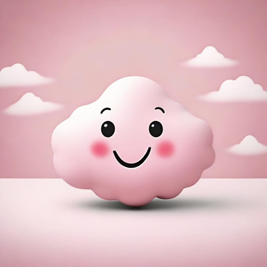 A cute, tiny, pink Cumulonimbus cloud with a big smile, set against a plain white background