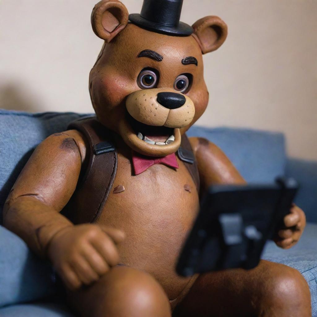 Freddy Fazbear of Five Nights at Freddy's, engrossed in playing Fortnite on a gaming console. He is animatedly holding the controller and reacting to the in-game events.