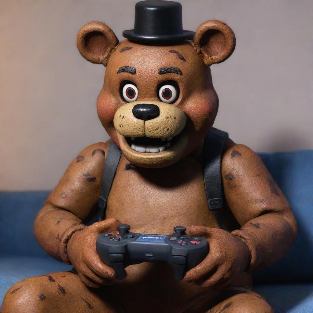 Freddy Fazbear of Five Nights at Freddy's, engrossed in playing Fortnite on a gaming console. He is animatedly holding the controller and reacting to the in-game events.