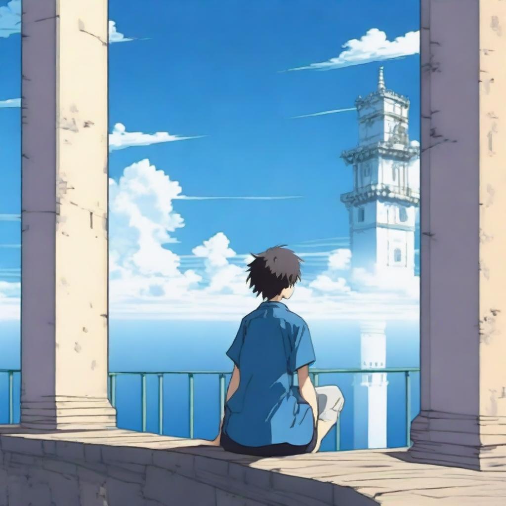 An anime scene viewed from behind, featuring a boy wearing a blue shirt looking out at the sea from the top of a tower