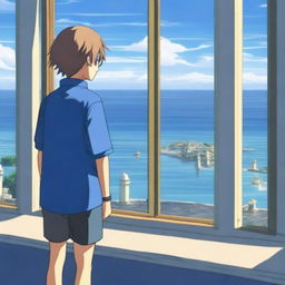 An anime scene viewed from behind, featuring a boy wearing a blue shirt looking out at the sea from the top of a tower