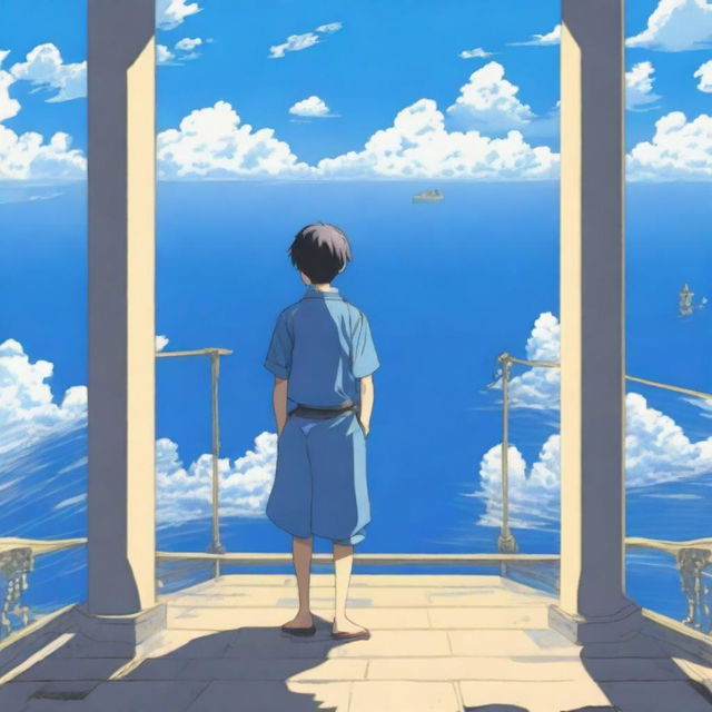 An anime scene viewed from behind, featuring a boy wearing a blue shirt looking out at the sea from the top of a tower