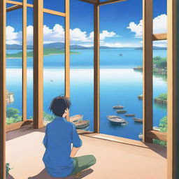 An anime scene viewed from behind, featuring a boy wearing a blue shirt looking out at the sea from the top of his house