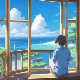 An anime scene viewed from behind, featuring a boy wearing a blue shirt looking out at the sea from the top of his house