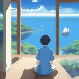 An anime scene viewed from behind, featuring a boy wearing a blue shirt looking out at the sea from the top of his house