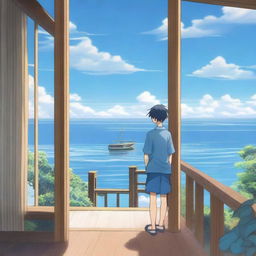 An anime scene viewed from behind, featuring a boy wearing a blue shirt looking out at the sea from the top of his house