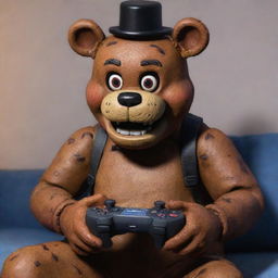 Freddy Fazbear of Five Nights at Freddy's, engrossed in playing Fortnite on a gaming console. He is animatedly holding the controller and reacting to the in-game events.