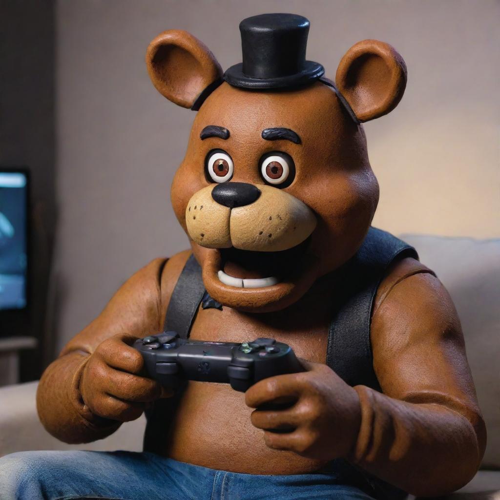 Freddy Fazbear of Five Nights at Freddy's, engrossed in playing Fortnite on a gaming console. He is animatedly holding the controller and reacting to the in-game events.