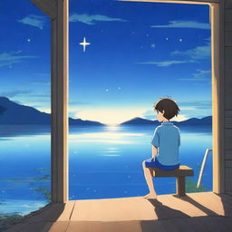 An anime scene viewed from behind, featuring a boy wearing a blue shirt looking at a star and the sea from the top of his house