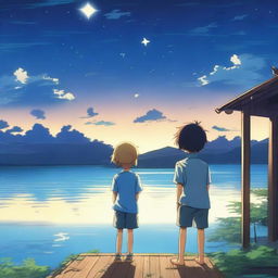 An anime scene viewed from behind, featuring a boy wearing a blue shirt looking at a star and the sea from the top of his house