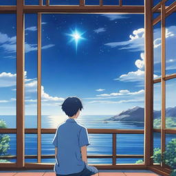 An anime scene viewed from behind, featuring a boy wearing a blue shirt looking at a star and the sea from the top of his house