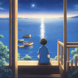 An anime scene viewed from behind, featuring a boy wearing a blue shirt looking at a star and the sea from the top of his house