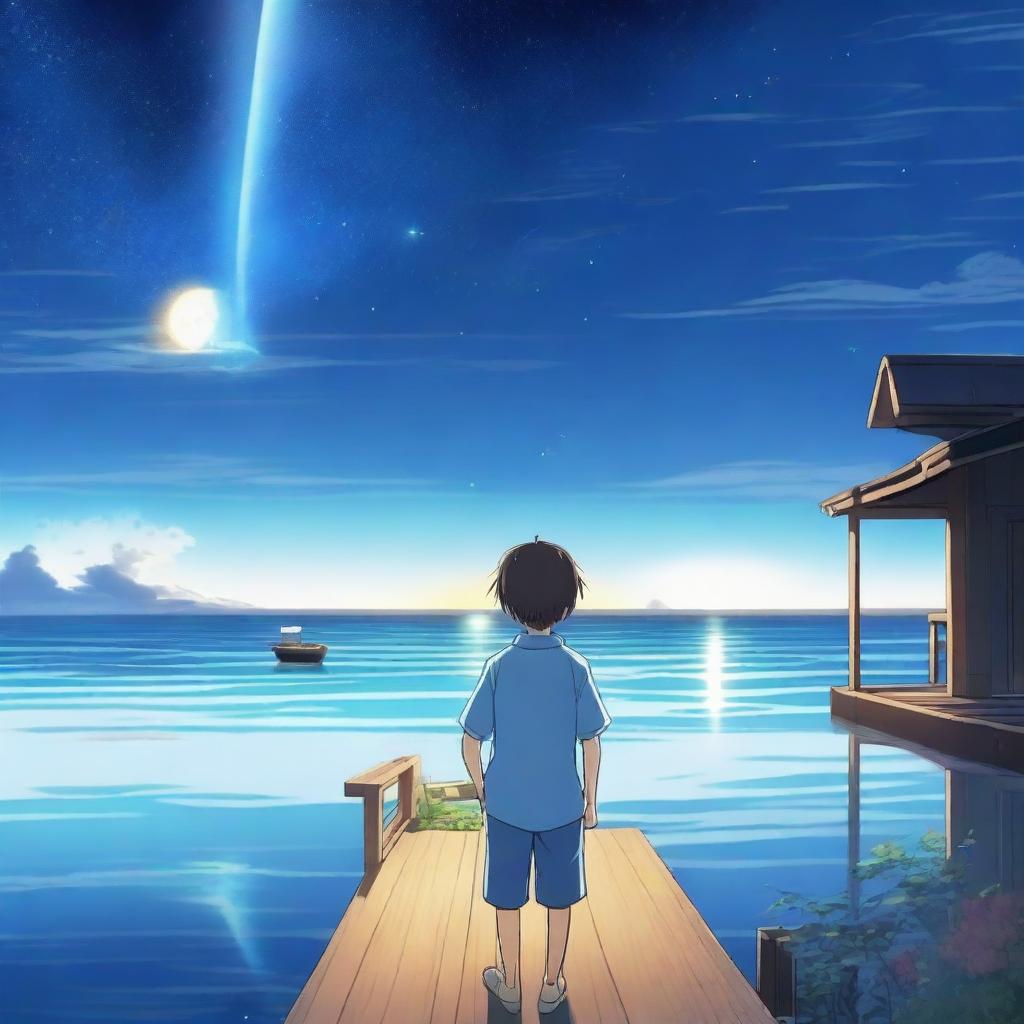 An anime scene viewed from behind, featuring a boy wearing a blue shirt looking at a star and the sea from the top of his house at night