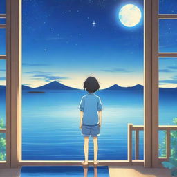 An anime scene viewed from behind, featuring a boy wearing a blue shirt looking at a star and the sea from the top of his house at night