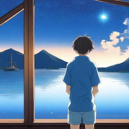 An anime scene viewed from behind, featuring a boy wearing a blue shirt looking at a star and the sea from the top of his house at night