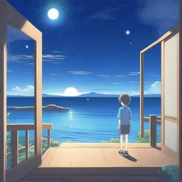 An anime scene viewed from behind, featuring a boy wearing a blue shirt looking at a star and the sea from the top of his house at night