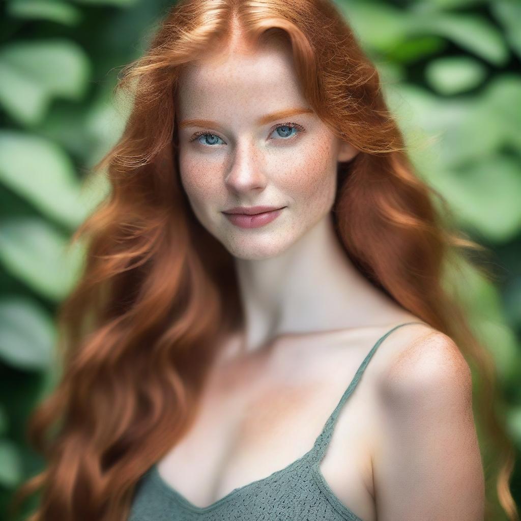 A beautiful 25-year-old woman with long natural ginger hair and green eyes, showcasing a toned body