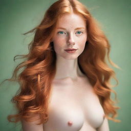 A beautiful 25-year-old woman with long natural ginger hair and green eyes, showcasing a toned body