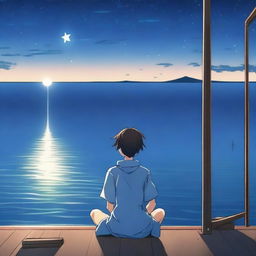 An anime scene viewed from behind, featuring a boy wearing a blue shirt looking at a star and the sea from the top of a boat at night