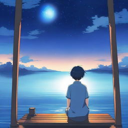 An anime scene viewed from behind, featuring a boy wearing a blue shirt looking at a star and the sea from the top of a boat at night